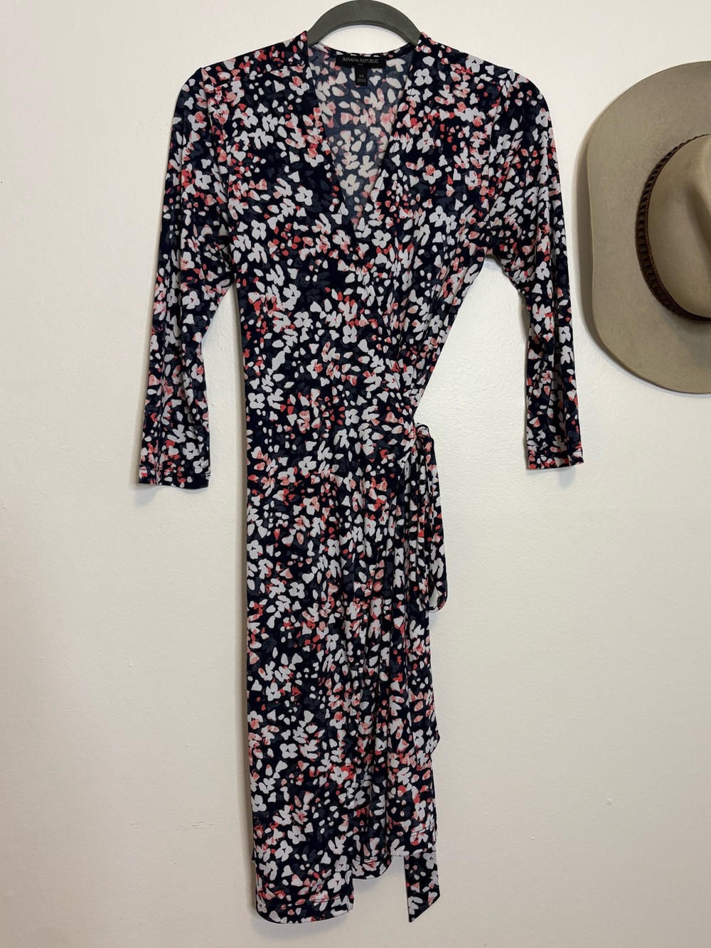 Banana Republic Navy Floral Wrap Dress with Pink and White Print